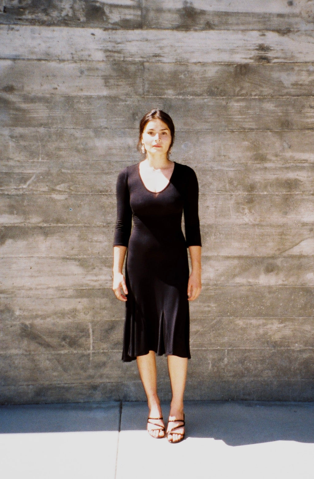 Elegant women's flowy maxi gown, Luna Dress, front view.