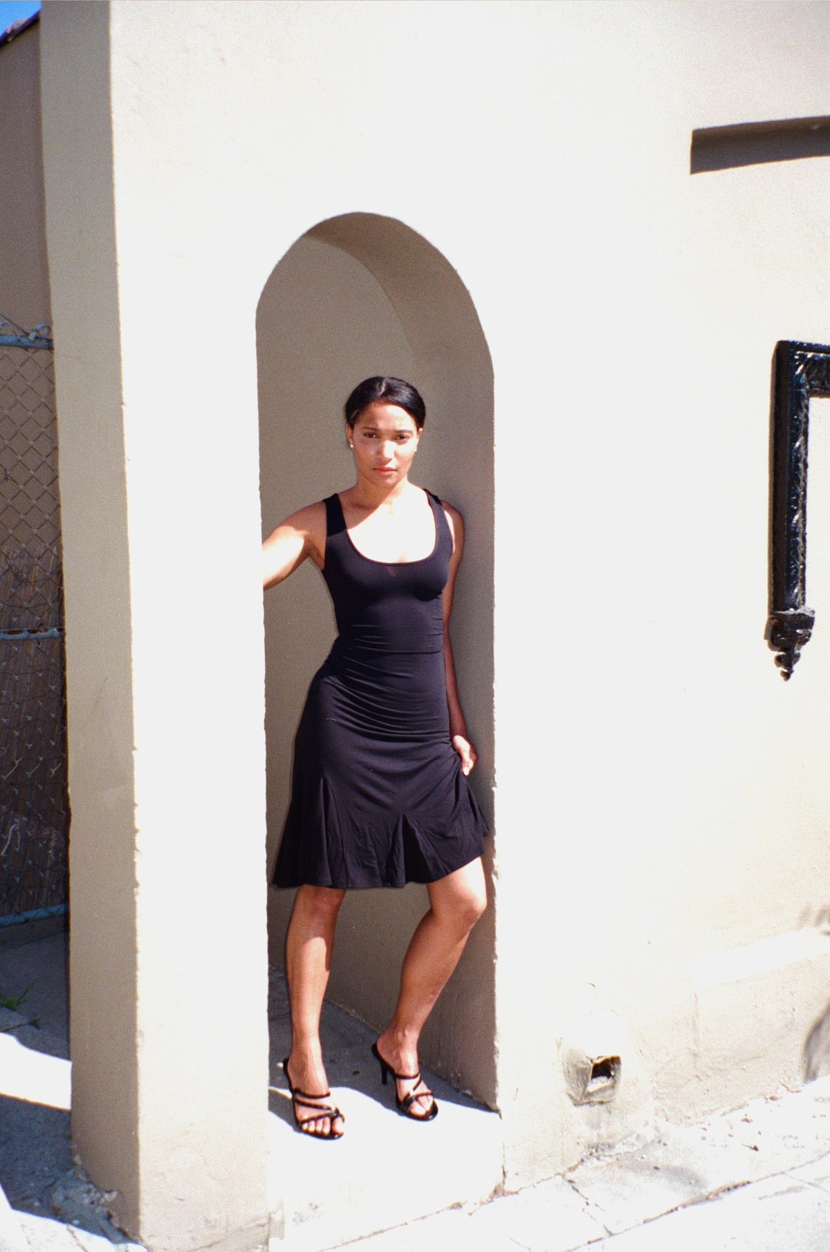 Elara Midi Dress for Women, elegant black, side view, versatile, fashion, style, image 2 of 4.